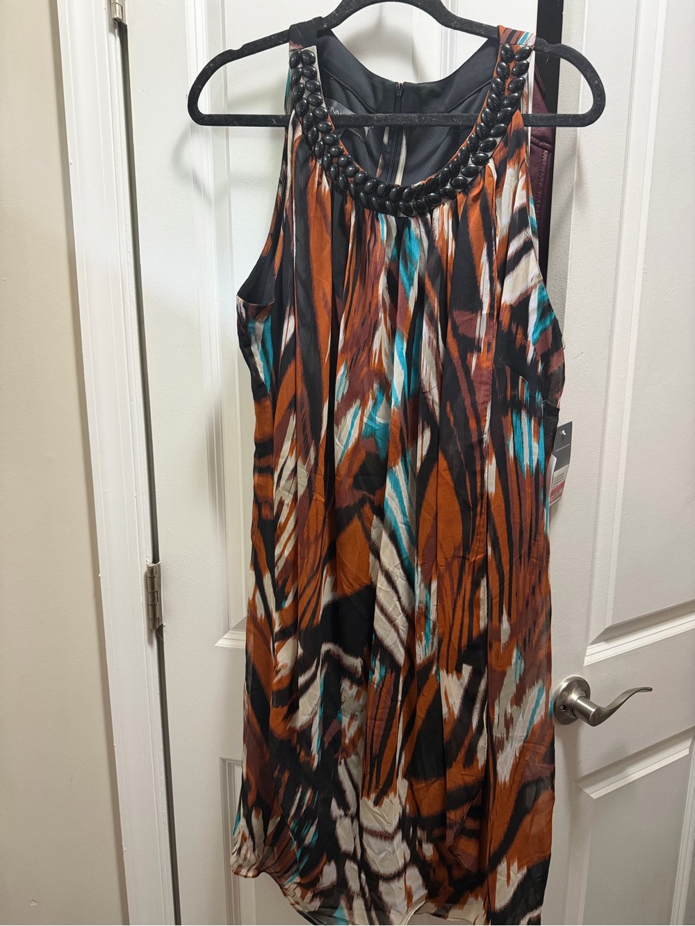 Donna Ricco Beaded-Neckline Midi Dress in Rust Multi